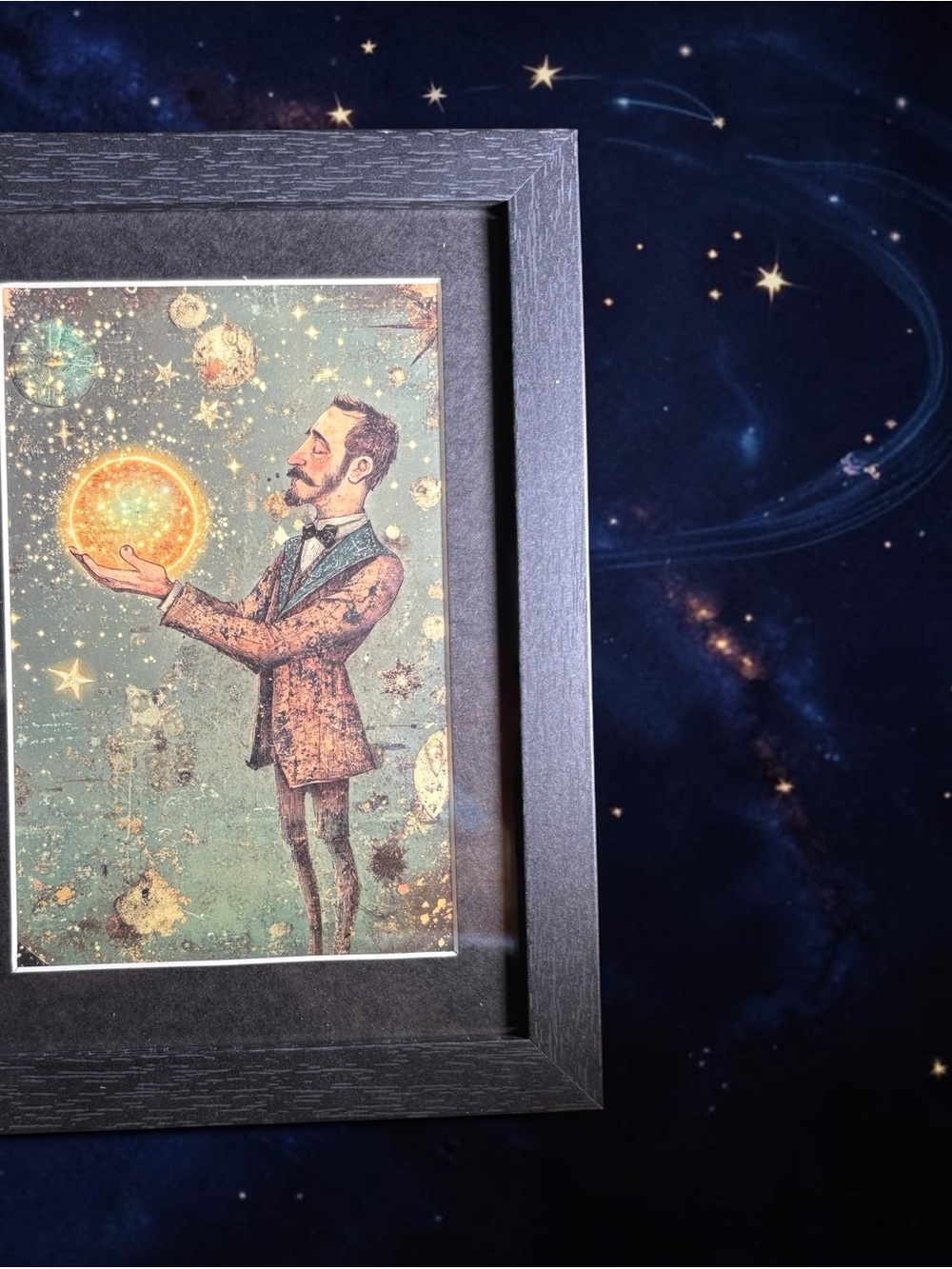Victorian Celestial Man Framed Art 5x7 Cosmic Sun Stars Vintage Decor